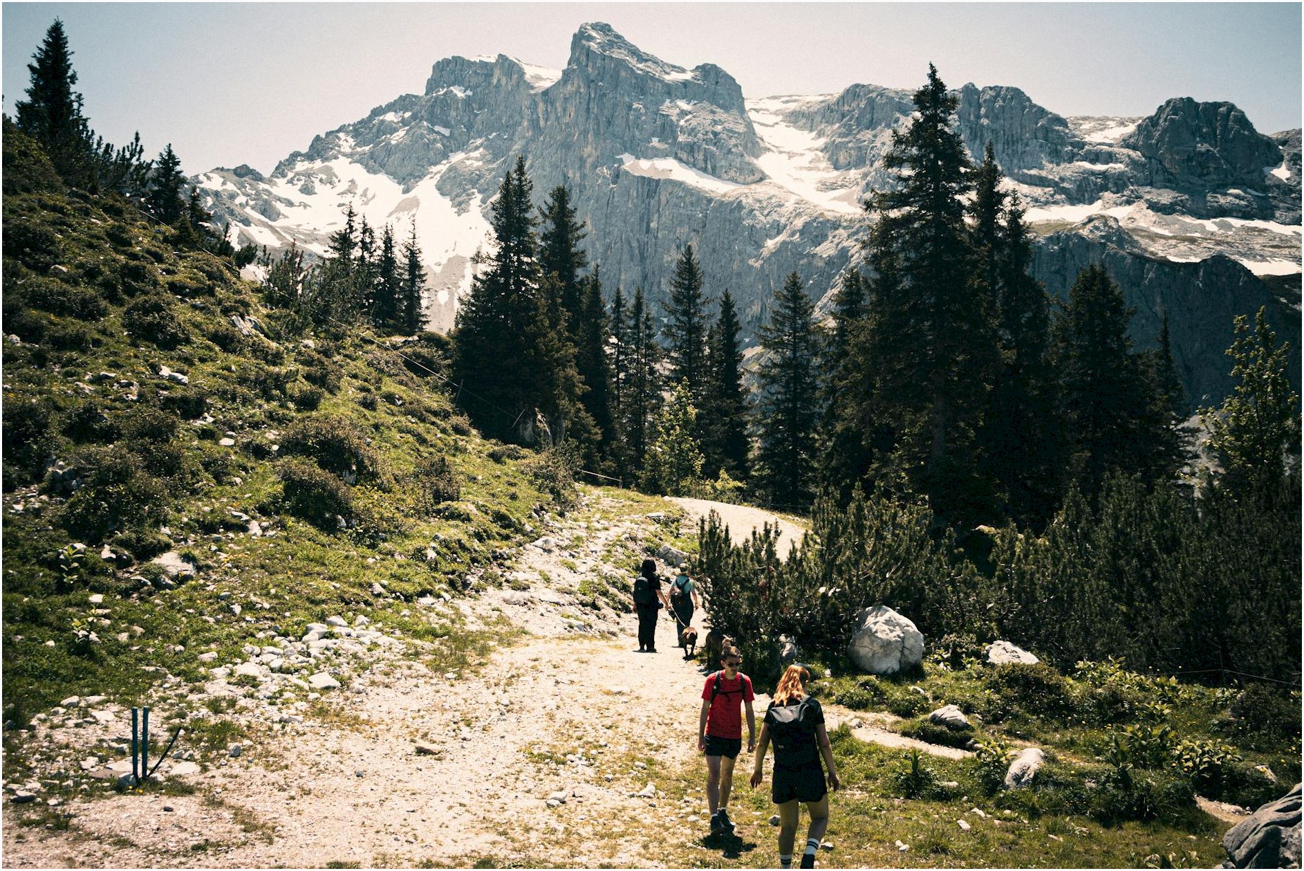Hikers enjoy a stunning winter hike in the snow-covered Alps with majestic mountains in view.